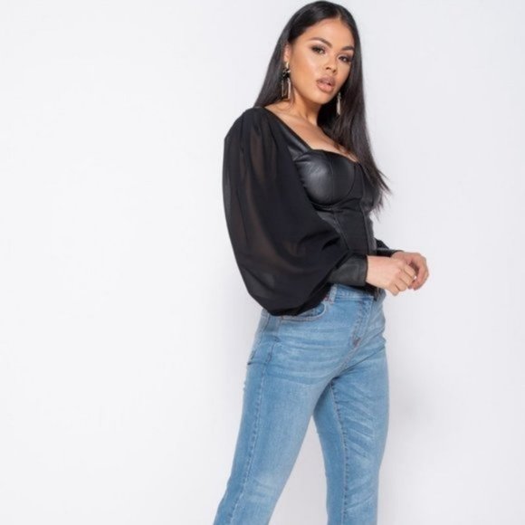 Black Vegan Leather Faux Leather Long Sleeve Bustier Top Blouse - Picture 9 of 10
